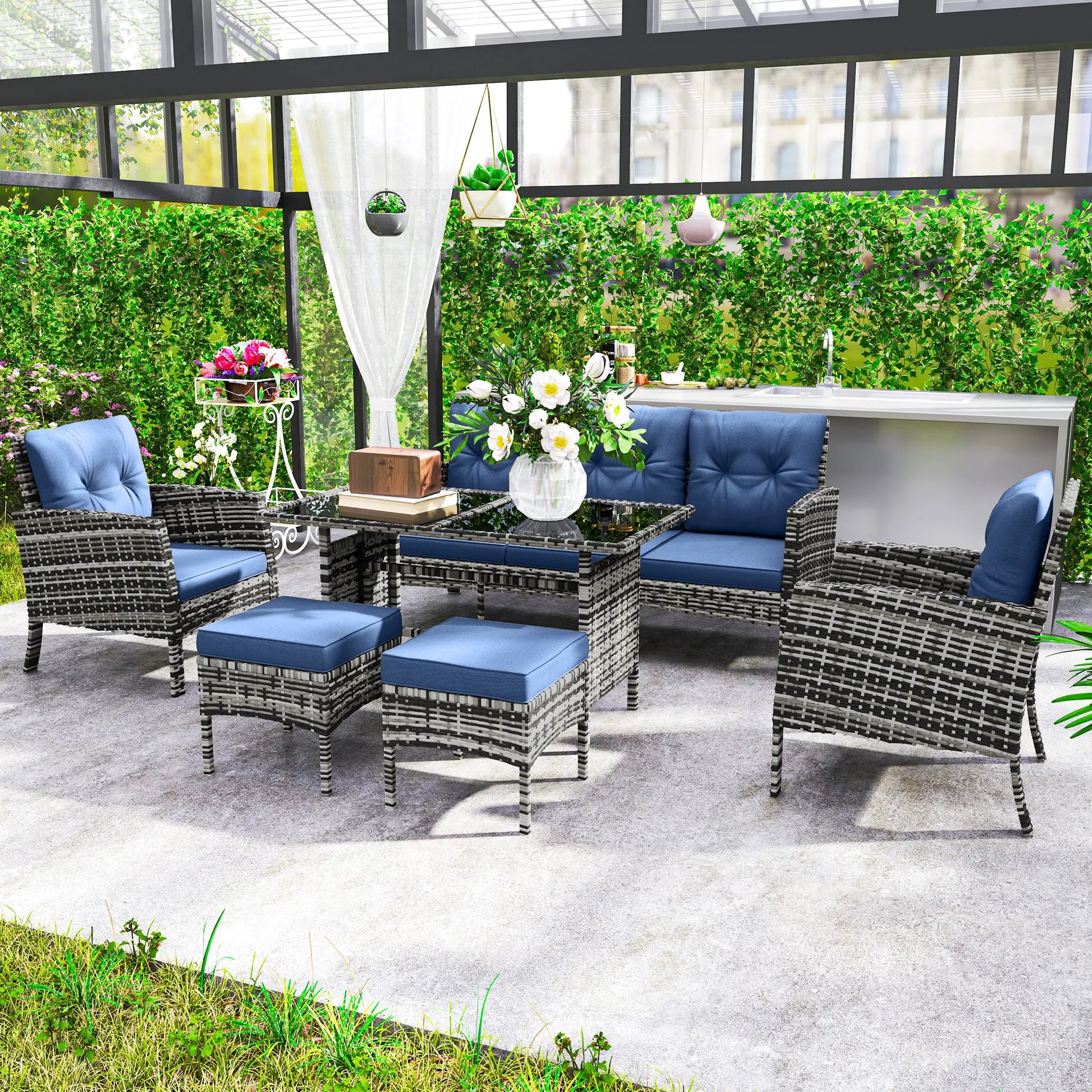 6 Piece Patio Set, Chairs, Ottomans, Sofa, Glass Table, Navy Blue Patio Furniture Sets at Gallery Canada