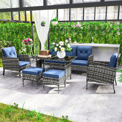6 Piece Patio Set, Chairs, Ottomans, Sofa, Glass Table, Navy Blue Patio Furniture Sets at Gallery Canada