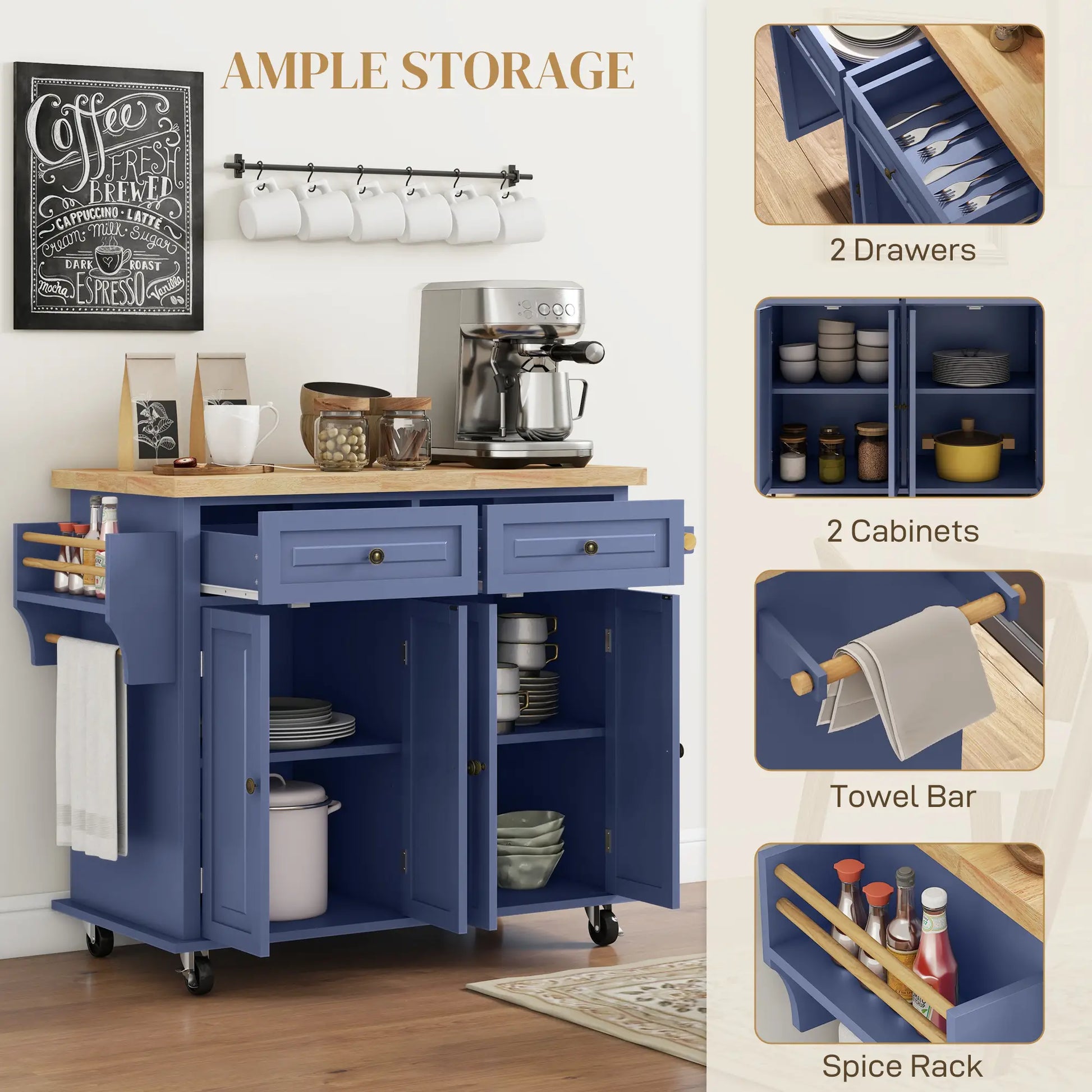 Kitchen Island with Storage, Rolling Cart, Rubber Wood Top, Navy Blue Kitchen Islands & Kitchen Carts at Gallery Canada