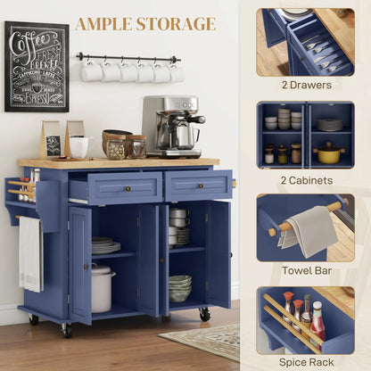 Kitchen Island with Storage, Rolling Cart, Rubber Wood Top, Navy Blue Kitchen Islands & Kitchen Carts at Gallery Canada