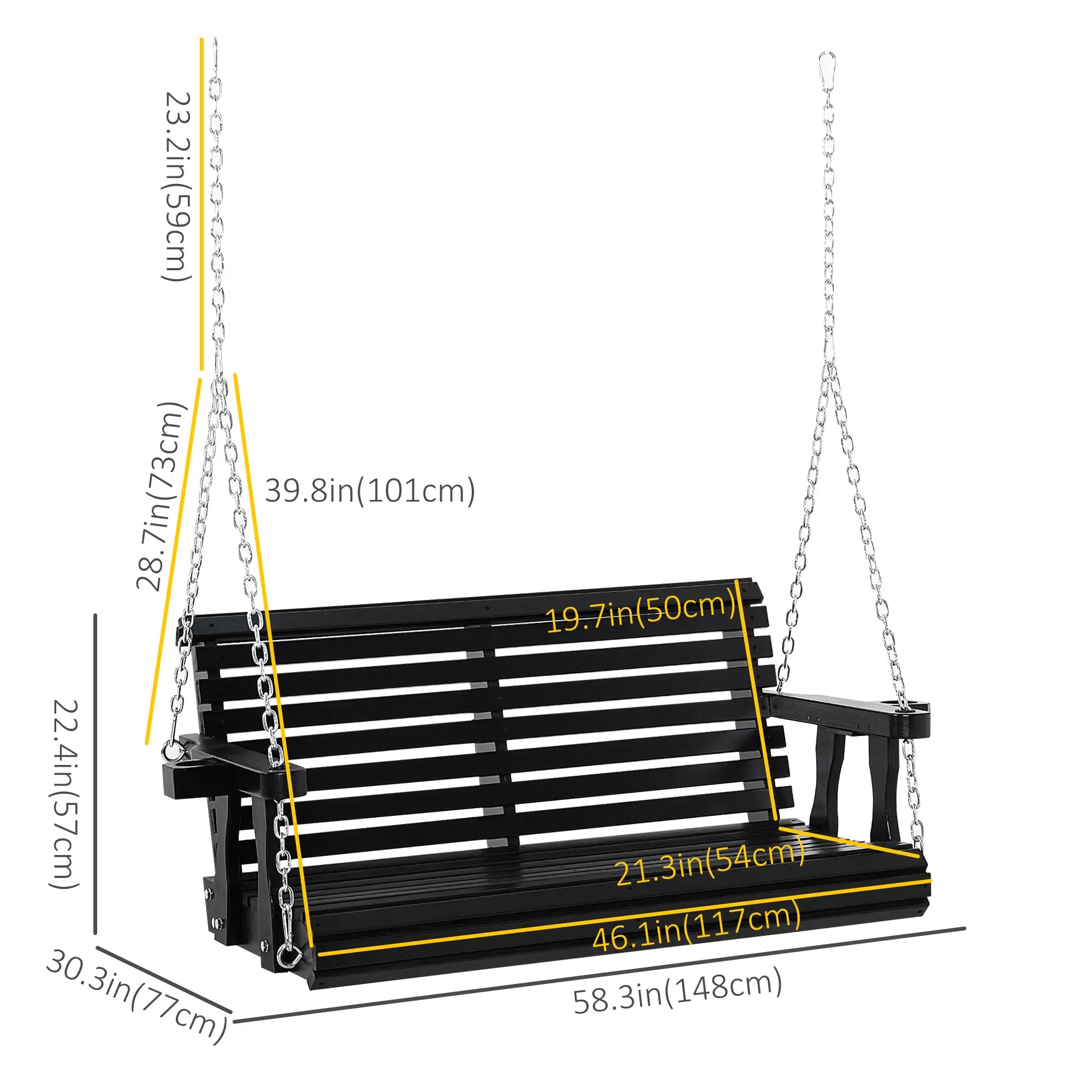 2 Seater Wooden Porch Swing, Outdoor Garden Bench, Black Hanging Porch Swings at Gallery Canada