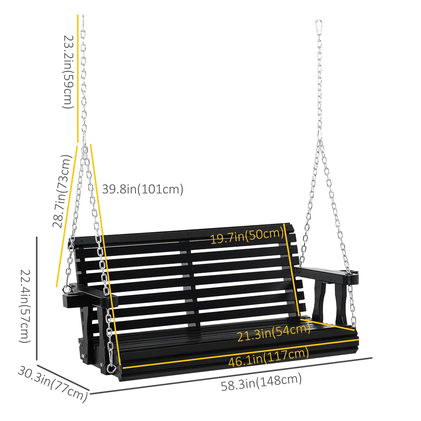 2 Seater Wooden Porch Swing, Outdoor Garden Bench, Black Hanging Porch Swings at Gallery Canada