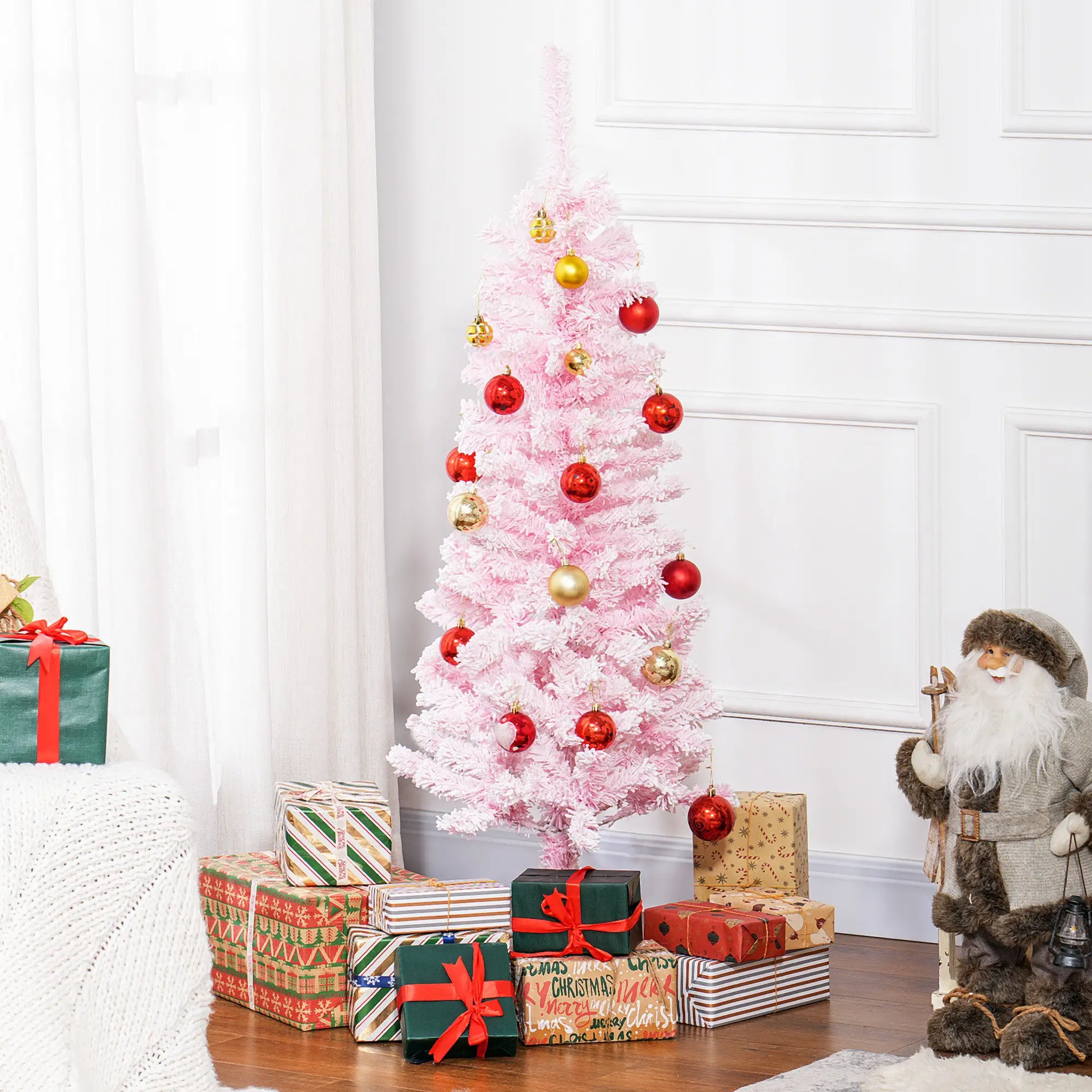 4 ft Flocked Pencil Christmas Tree, Realistic Branches, Auto Open, Steel Base, Pink Pencil Christmas Trees at Gallery Canada