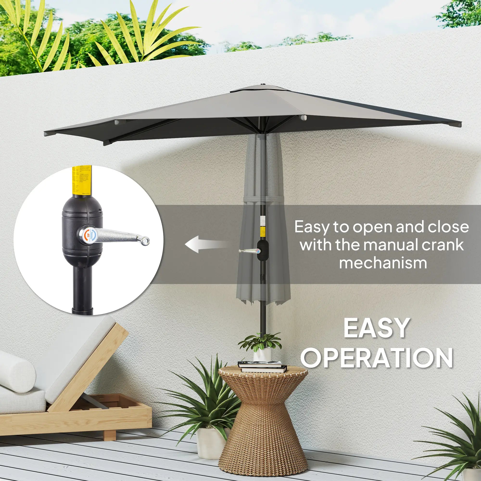 9.8ft Semi Round Patio Umbrella, Crank Handle, Top Vent, Dark Grey Half Round Umbrellas at Gallery Canada