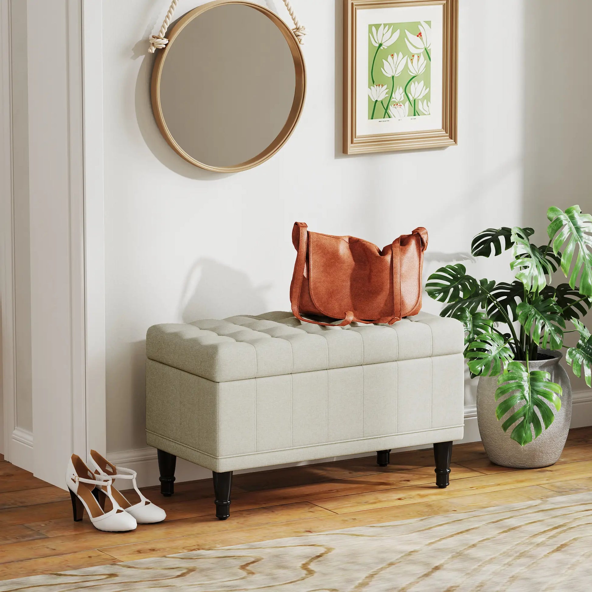 Linen Storage Ottoman, Button Tufted Bench for Bedroom, Beige Storage Ottomans & Benches at Gallery Canada