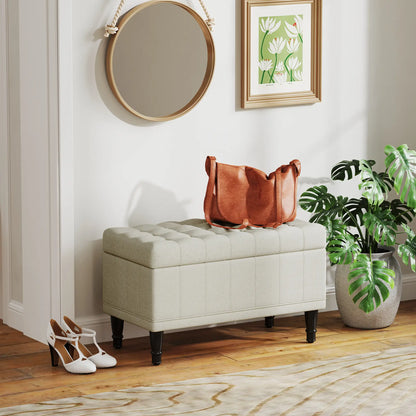 Linen Storage Ottoman, Button Tufted Bench for Bedroom, Beige Storage Ottomans & Benches at Gallery Canada