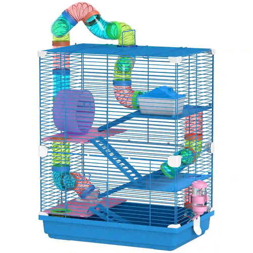 5-Tier Hamster Cage, Portable With Wheels, Tube, Blue