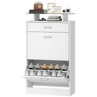 Armoire à chaussures fine, 2 tiroirs basculants, étagères réglables, dessus en verre