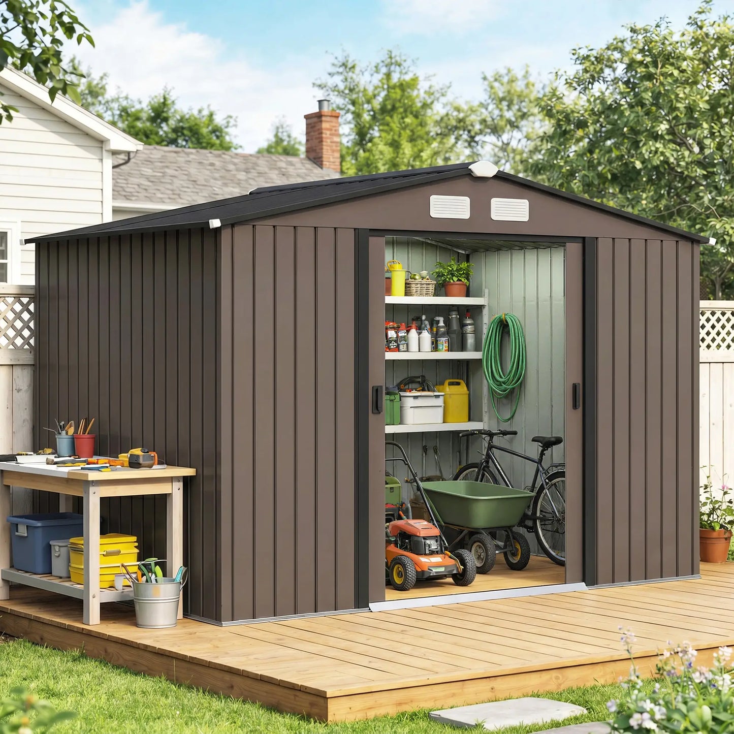 9.1'x6.4'x6.3' Garden Storage Shed, Foundation Kit, Metal Tool House, Double Doors, Brown Sheds at Gallery Canada