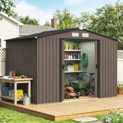 9.1'x6.4'x6.3' Garden Storage Shed, Foundation Kit, Metal Tool House, Double Doors, Brown Sheds at Gallery Canada