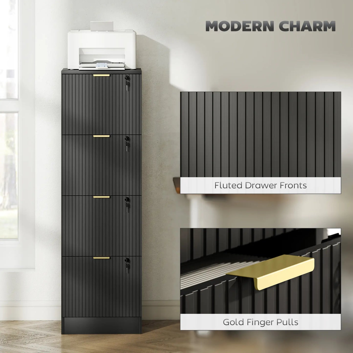 Lockable 4 Drawer Filing Cabinet, Adjustable Hanging Rails, Black Office Cabinets & Cupboards at Gallery Canada