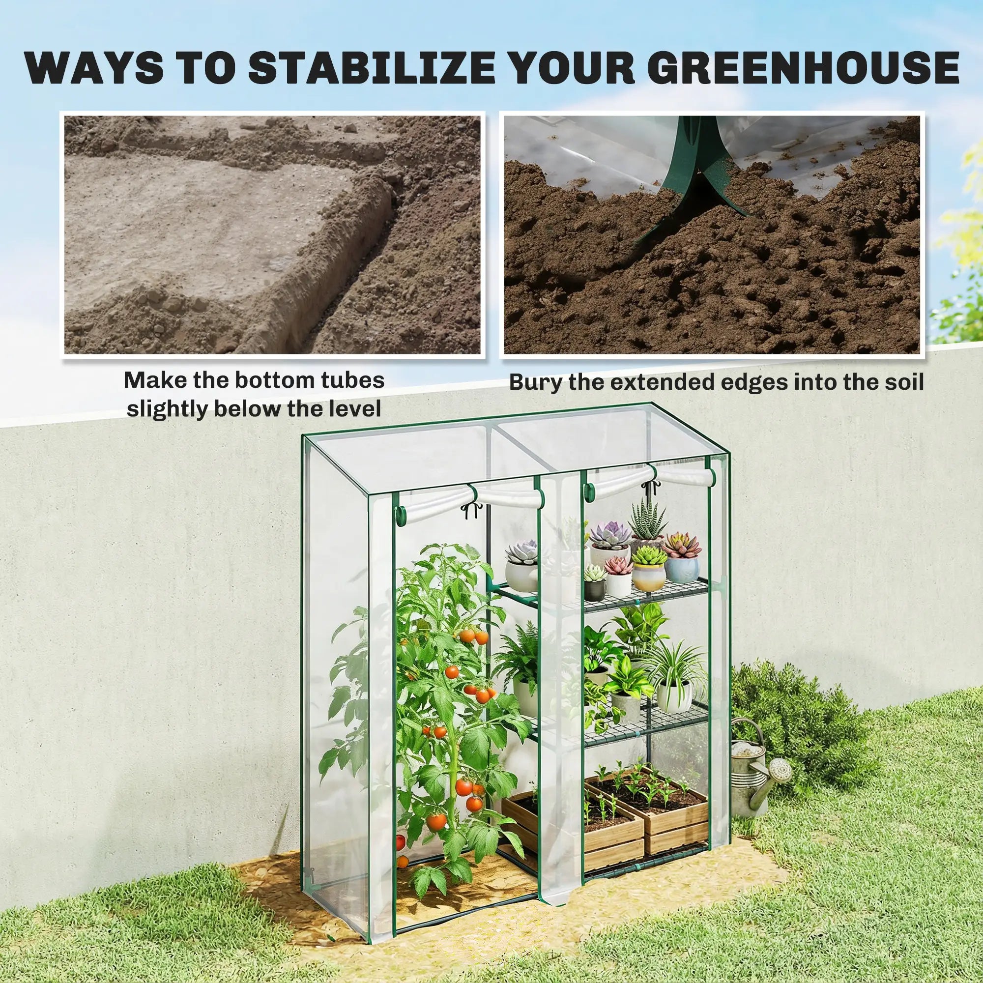 Mini Greenhouse, 3 Shelves, 2 Roll-Up Doors, 56.3