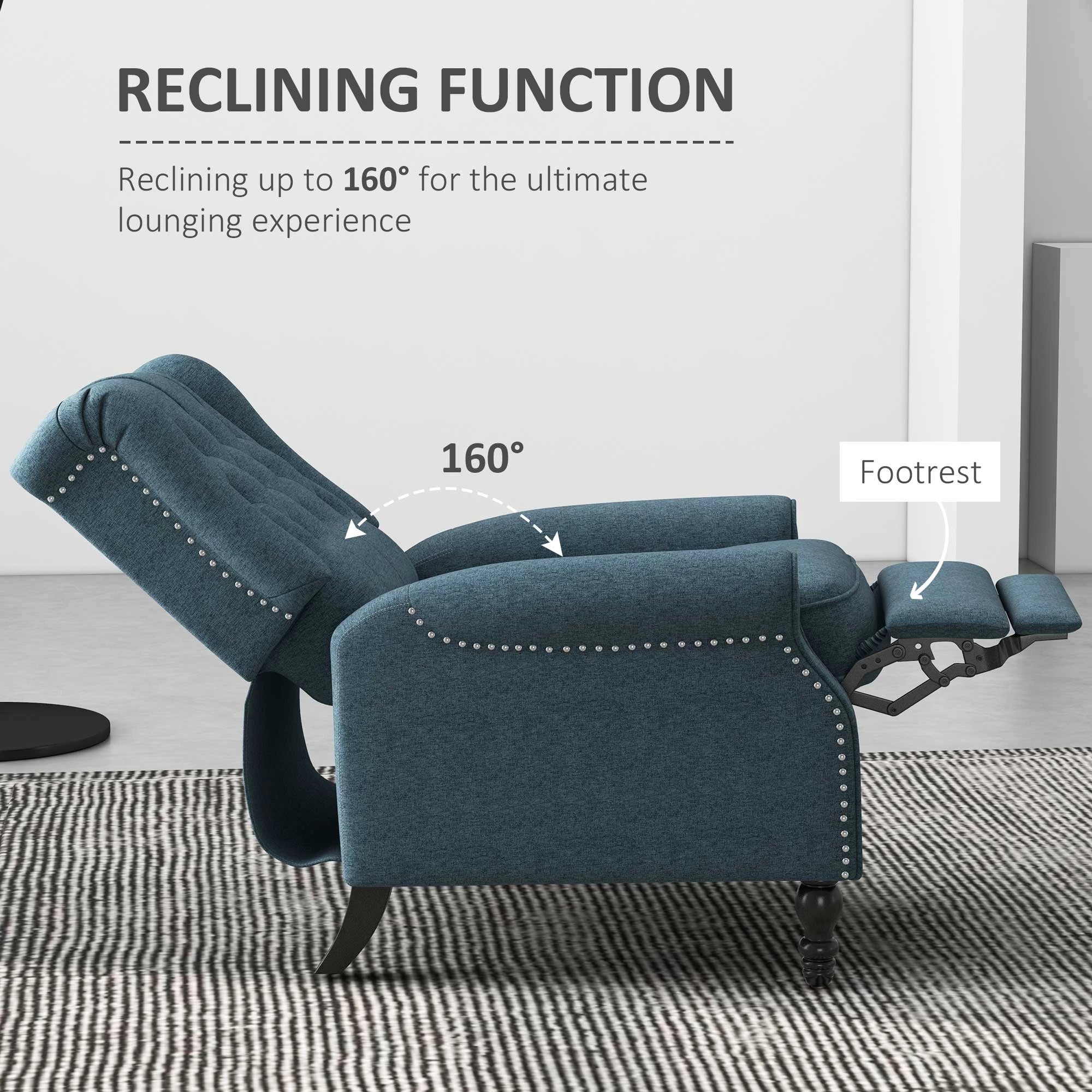 Wingback Reclining Chair with Footrest, Button Tufted, Blue Single Sofas at Gallery Canada