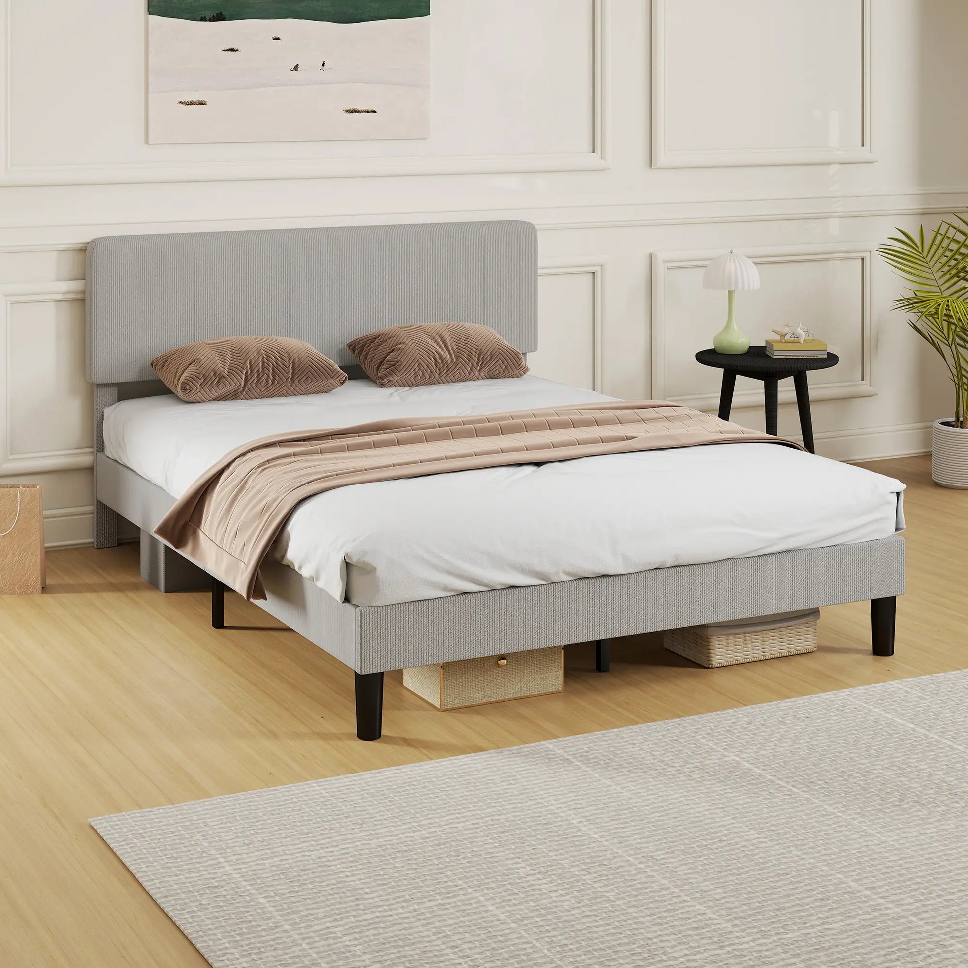 Queen Size Bed Frame, Adjustable Upholstered Headboard, Wood Slat Support, Light Grey Bed Frames at Gallery Canada