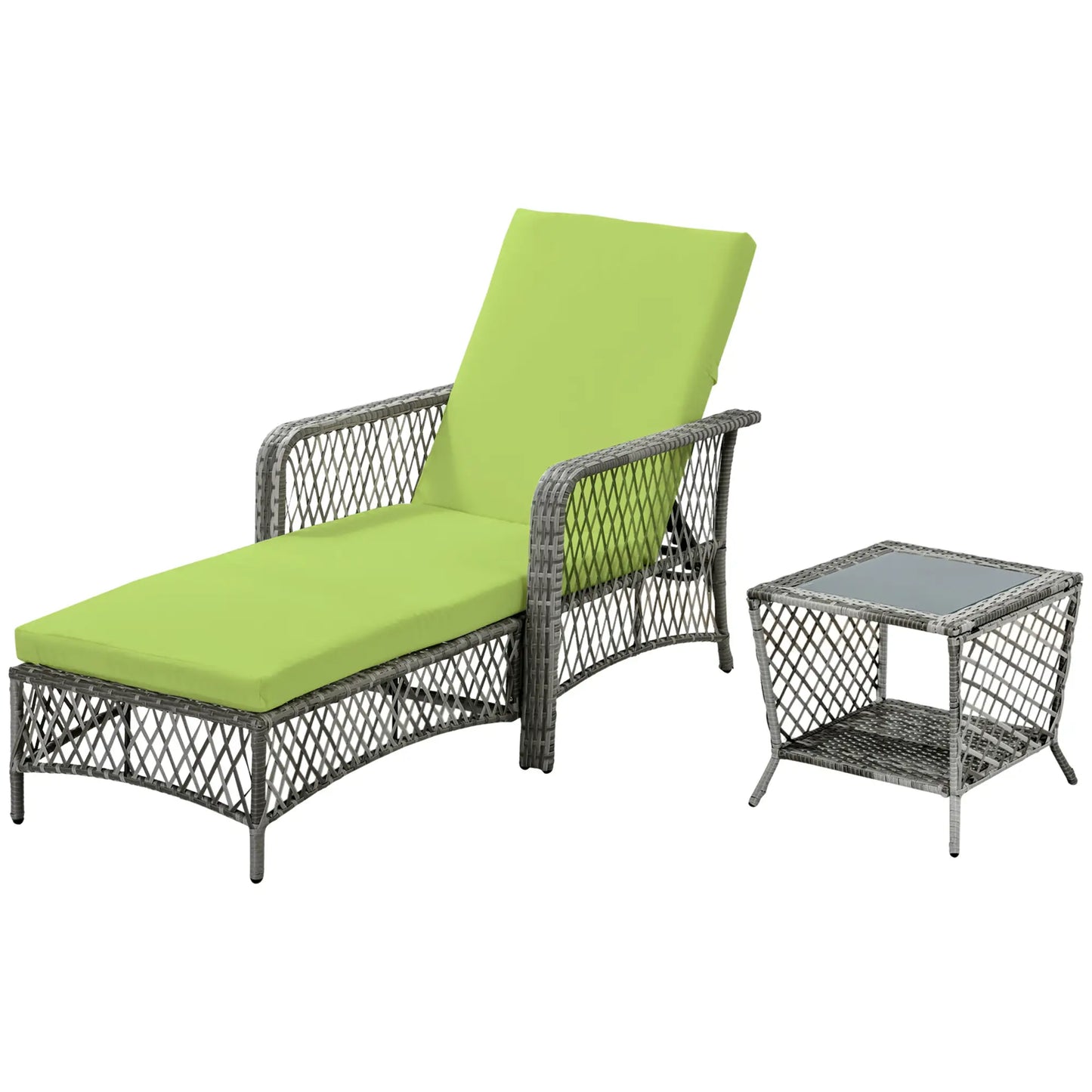 2-Piece Wicker Patio Lounge Set with Cushions, Reclining Chaise Chair, Glass Top Coffee Table, Green Chaise Loungers at Gallery Canada