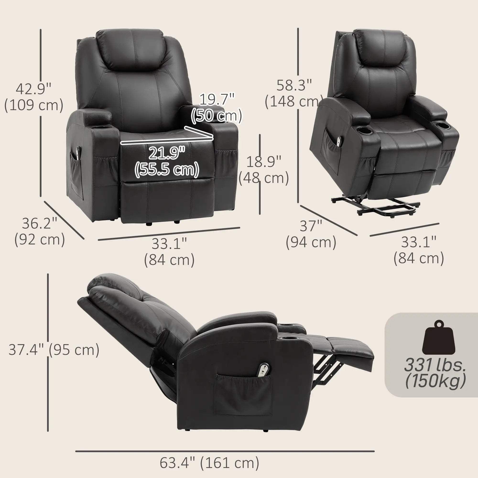Power Lift Recliner Chair for Elderly, PU Leather, Black Electric Power Lift Chairs at Gallery Canada