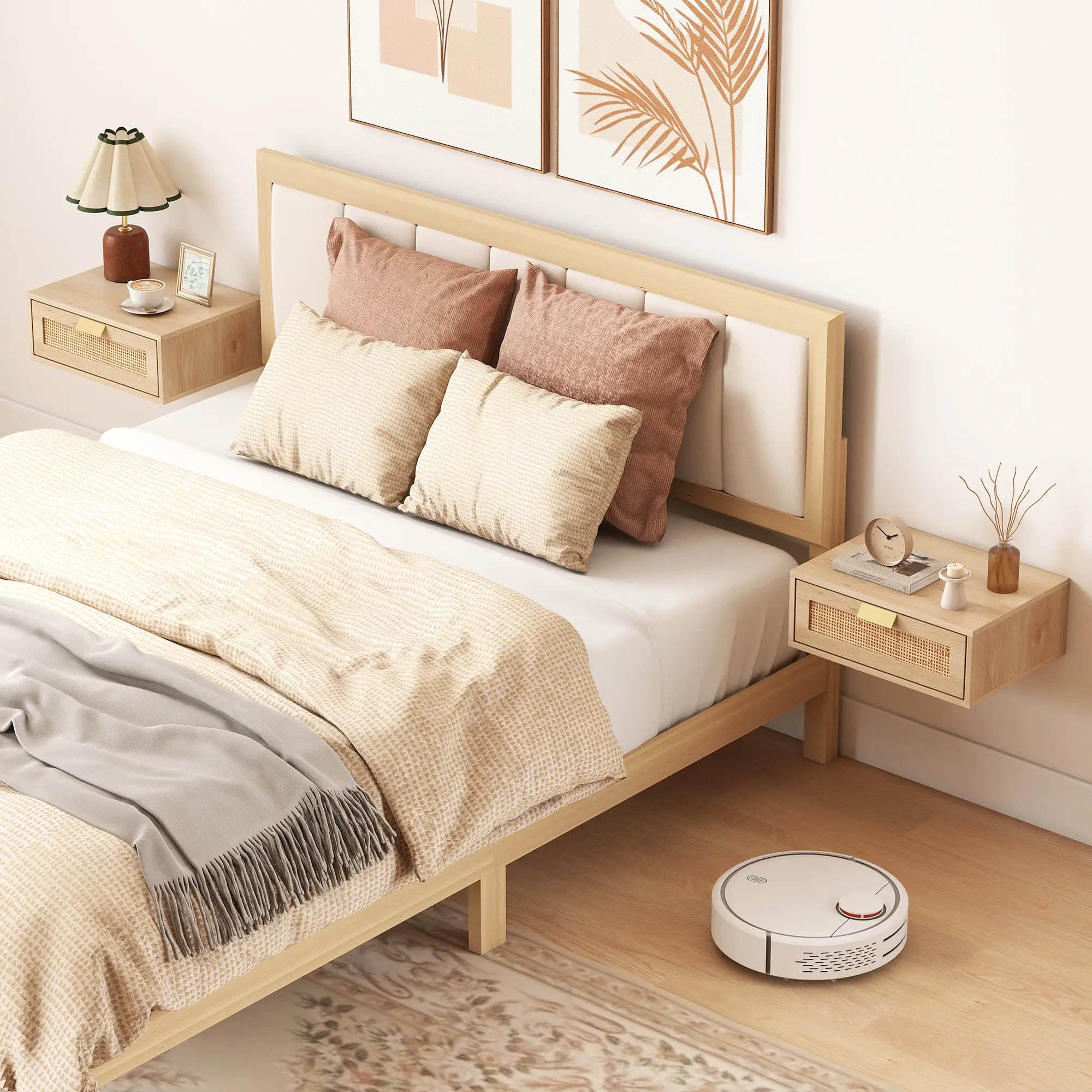 Floating Bedside Tables Set Of 2, Wall Mounted Nightstands, Rattan Drawer, Wood Effect, Oak Bedside Tables at Gallery Canada