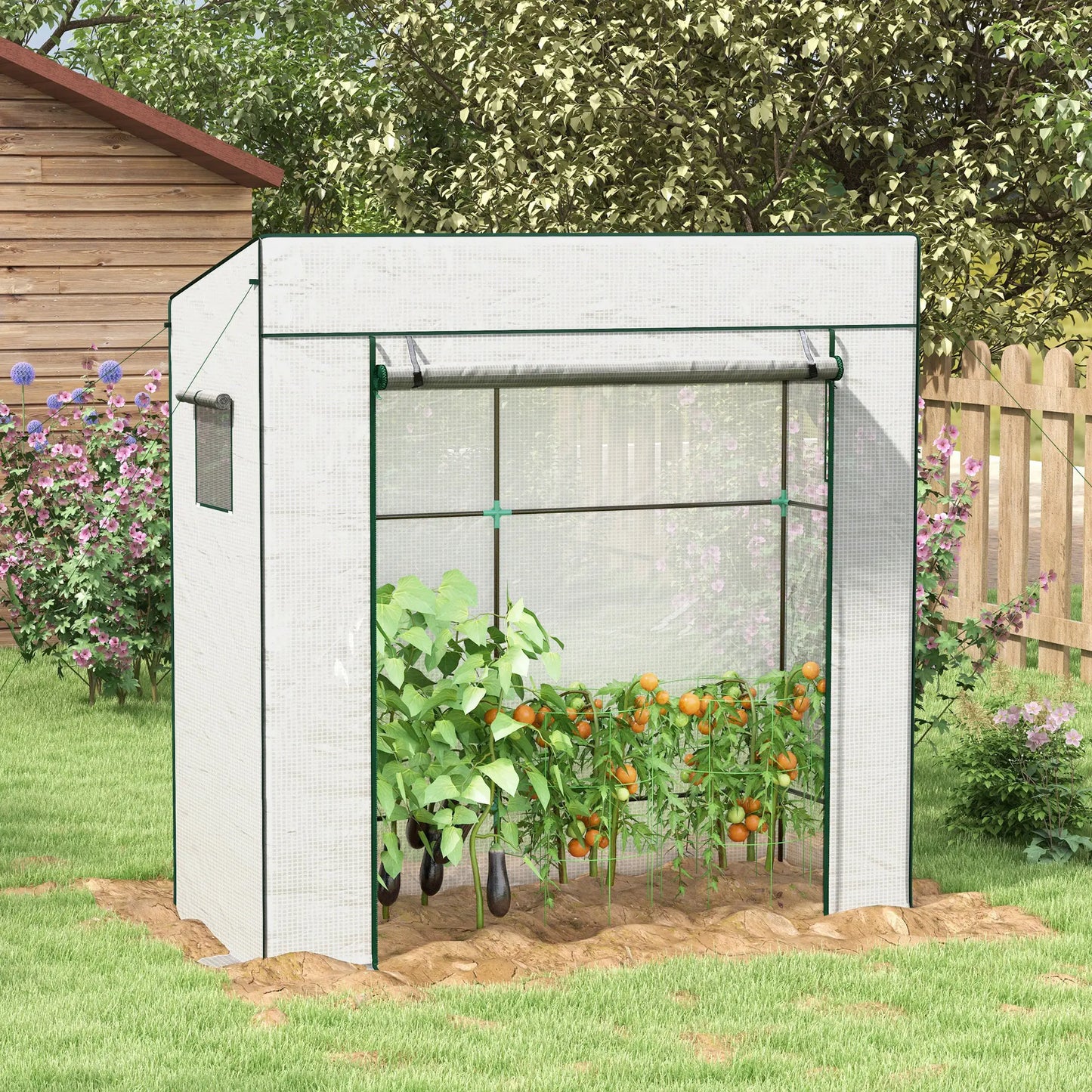 Walk-In Tomato Greenhouse, Lean-To, Reinforced PE Cover, Roll-Up Door, Mesh Windows, White Greenhouses at Gallery Canada