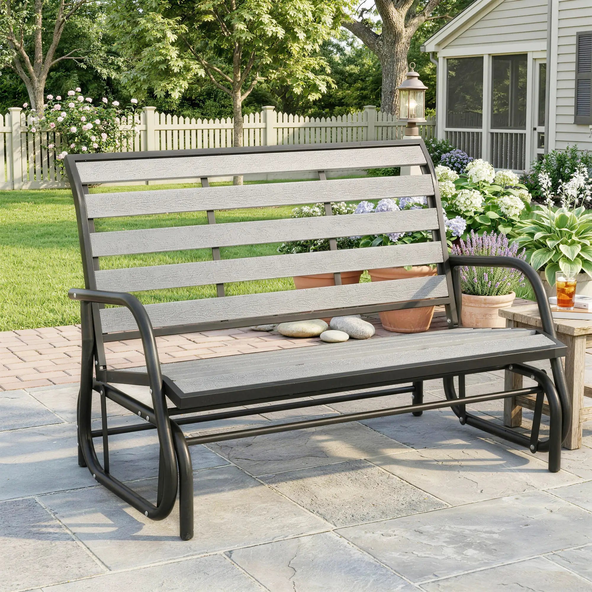 2 Person Outdoor Glider Bench, Steel Frame, Faux Wood Slats, Grey Outdoor Gliders at Gallery Canada