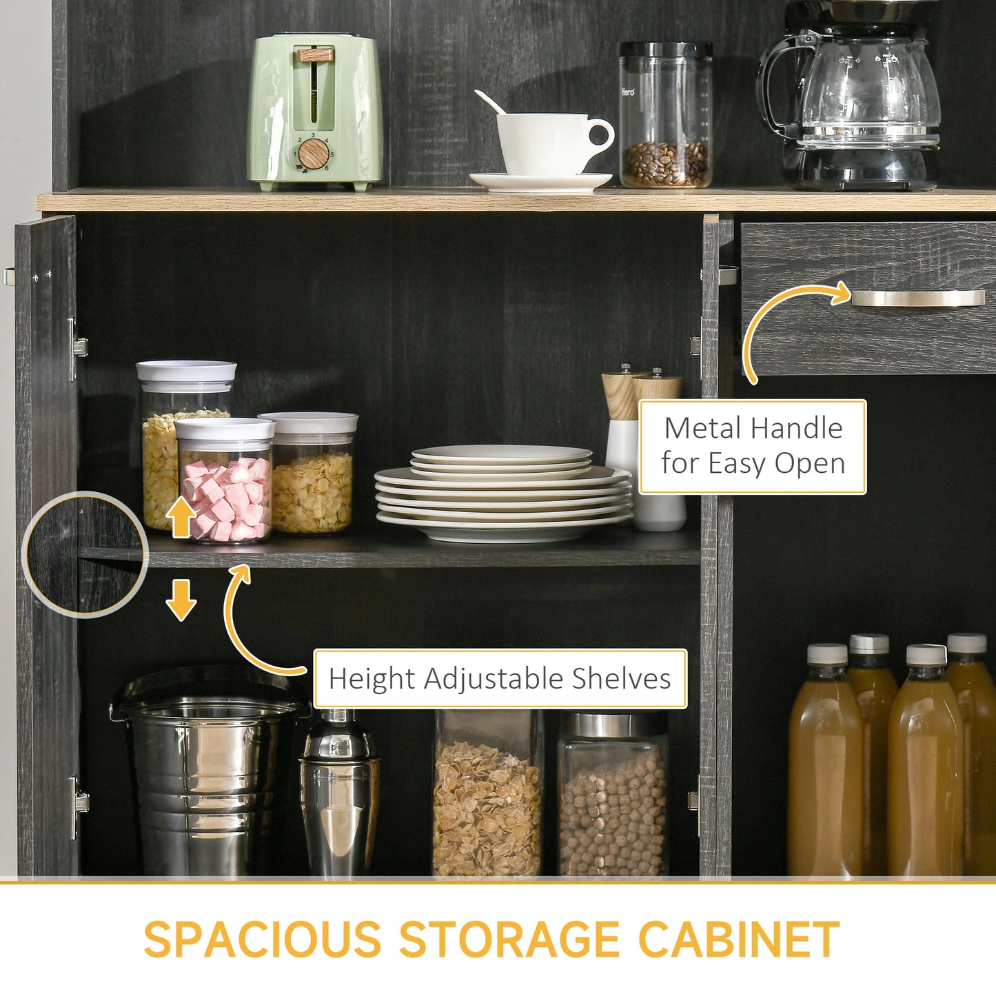 71" Kitchen Buffet with Hutch, Freestanding Cabinet, Black Kitchen Pantry Cabinets at Gallery Canada