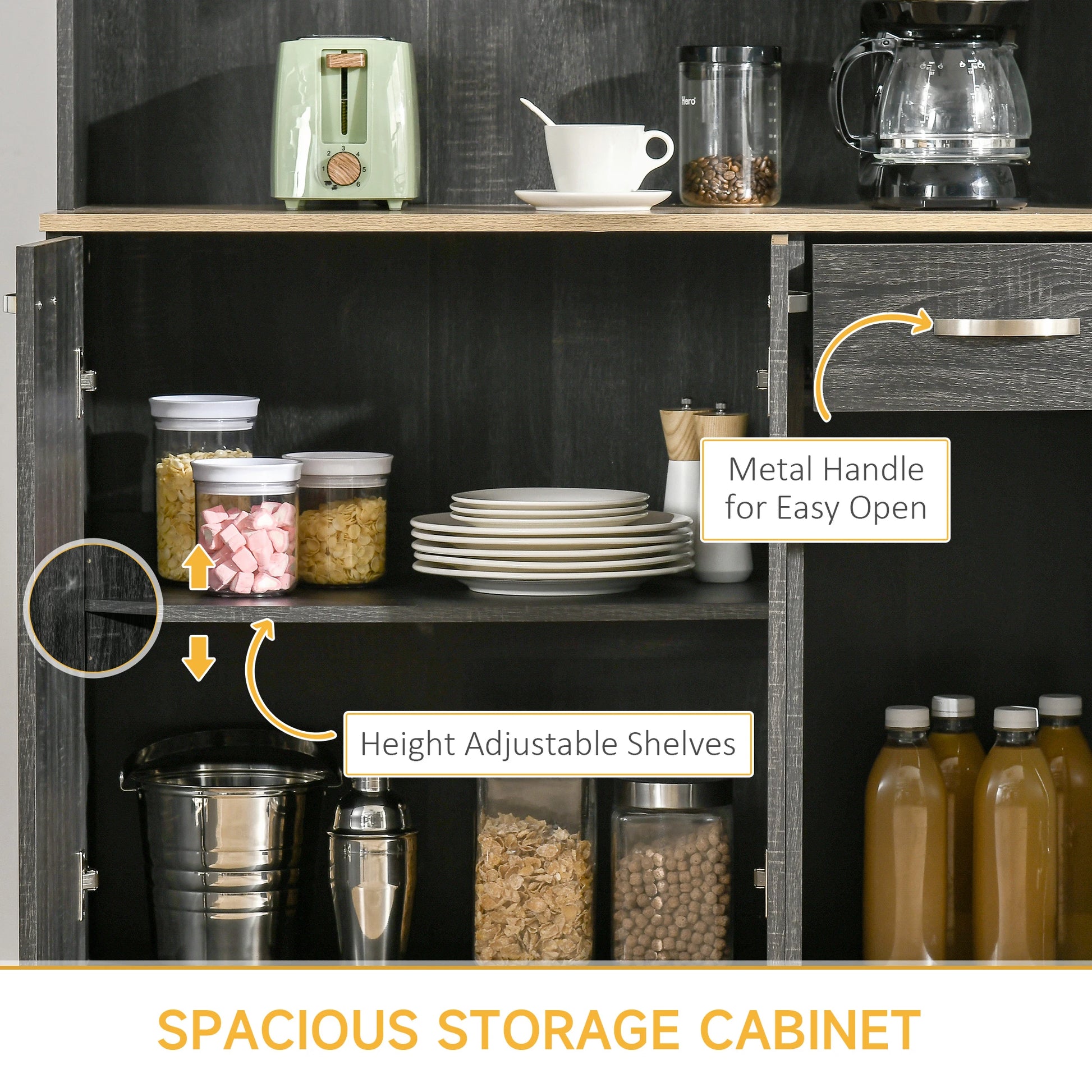 71" Kitchen Buffet with Hutch, Freestanding Cabinet, Black Kitchen Pantry Cabinets at Gallery Canada