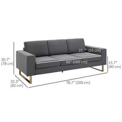 3 Seater Sofa, Linen Upholstered, Steel Leg, Wide Armrest, Grey 3-Seater Sofas at Gallery Canada