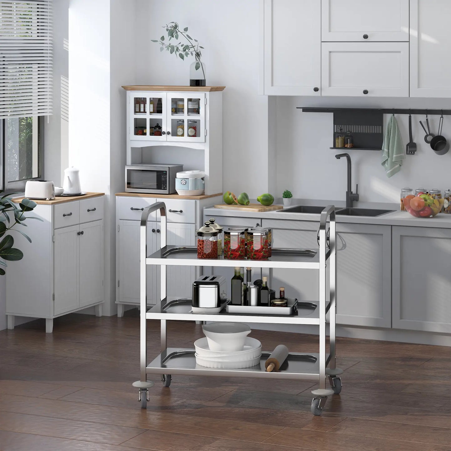 33" 3-Tier Kitchen Trolley, Stainless Steel, Wheeled Storage Cart, 330LBS Kitchen Islands & Kitchen Carts at Gallery Canada