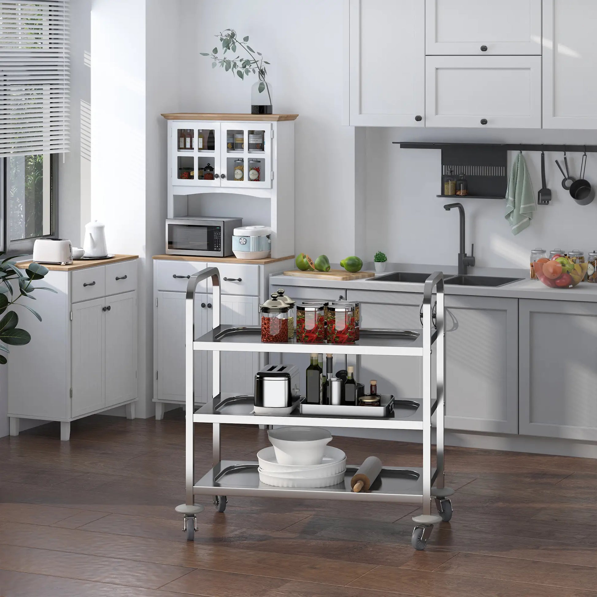 33" 3-Tier Kitchen Trolley, Stainless Steel, Wheeled Storage Cart, 330LBS Kitchen Islands & Kitchen Carts at Gallery Canada