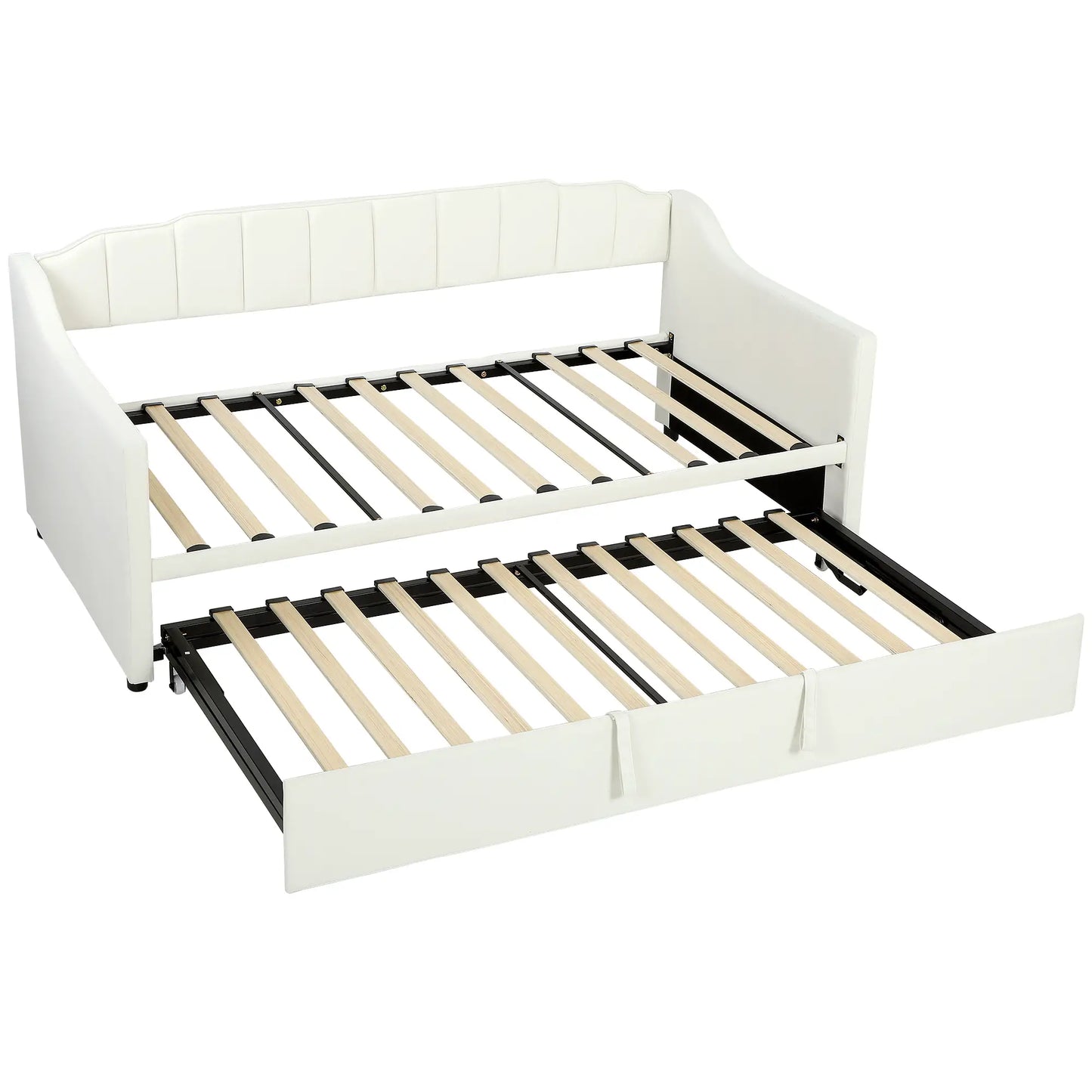 Upholstered Twin Trundle Bed, Extendable Twin To King, Cream White