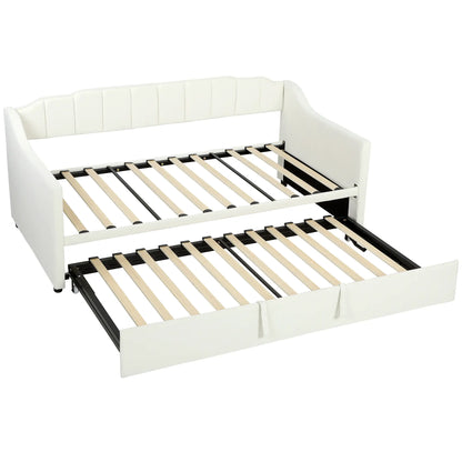 Upholstered Twin Trundle Bed, Extendable Twin To King, Cream White