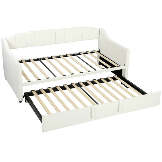 Upholstered Twin Trundle Bed, Extendable Twin To King, Cream White