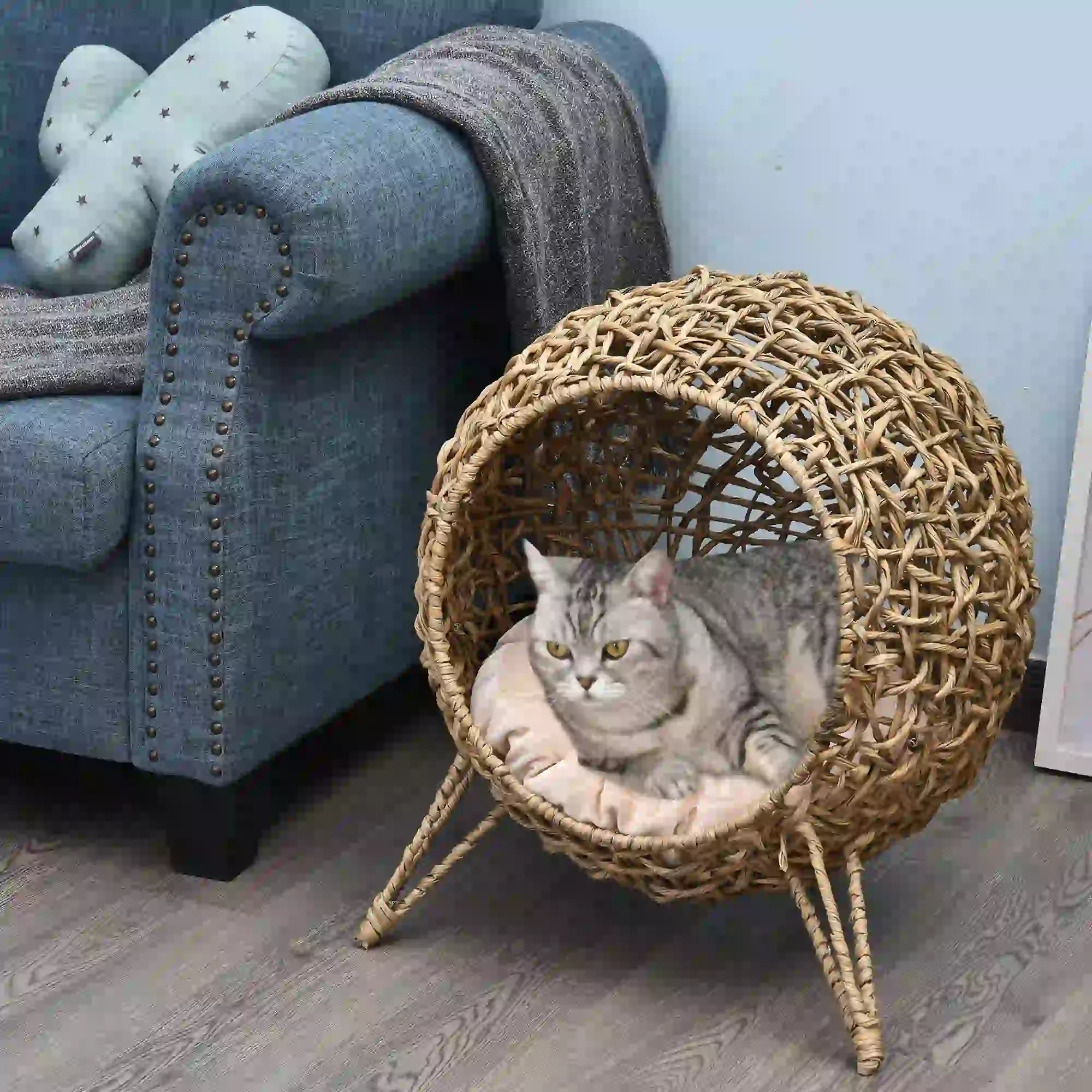 Rattan Cat House with Cushion, Elevated Wicker Kitten Bed, Natural Wood Cat Houses at Gallery Canada