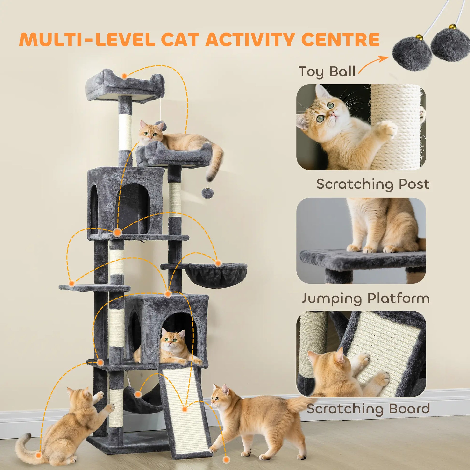 Cat Tree, 70 Inch Multi-Level Tower with Condos, Perches, Hammock, Dark Grey Cat Towers at Gallery Canada