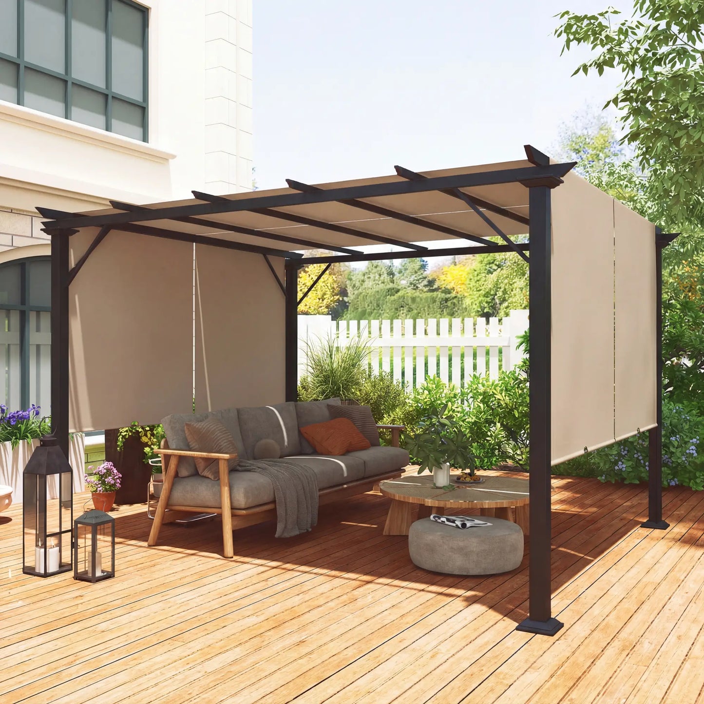 12' x 10' Outdoor Gazebo, Retractable Canopy, Steel Frame, Light Brown Pergolas at Gallery Canada