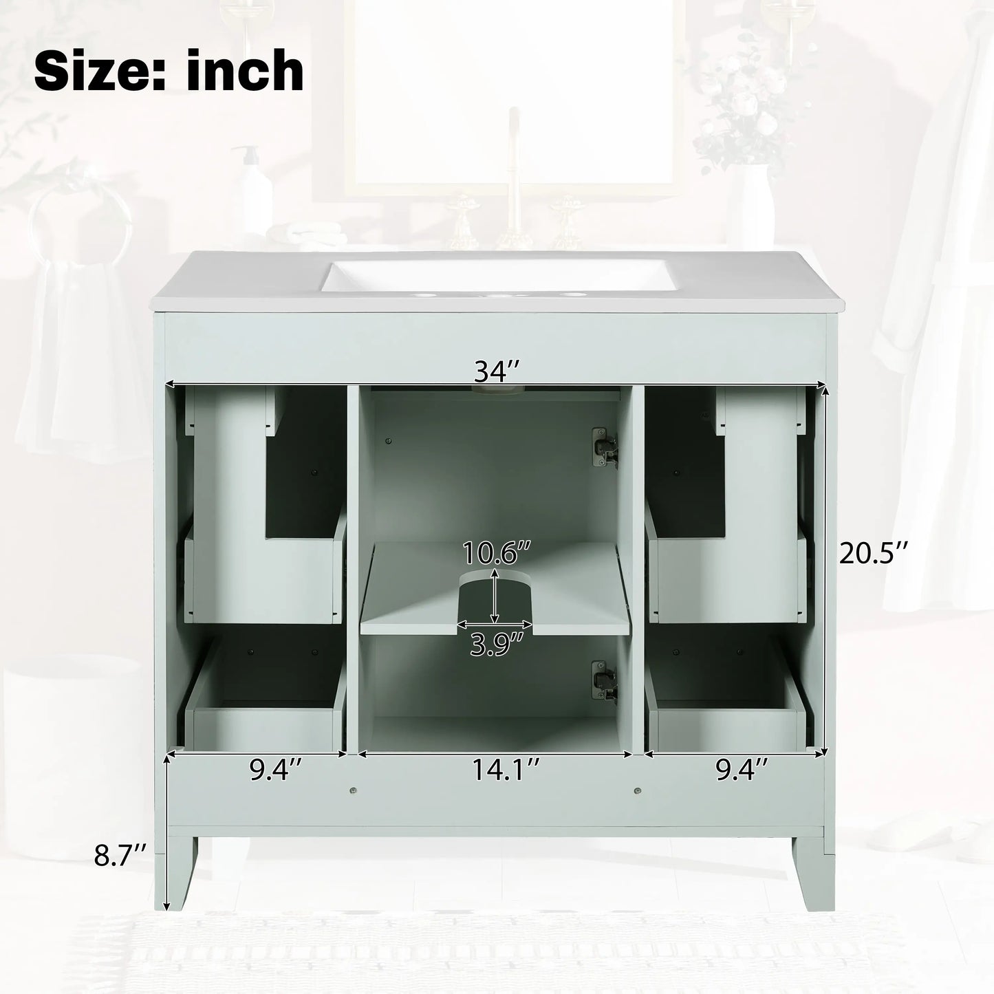 Bathroom Vanity, Ceramic Sink, Soft-Close Doors, 36" L x 18" W x 34" H, Green Sink Cabinets at Gallery Canada