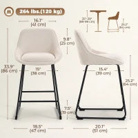 Chenille Bar Stools Set of 2, Cream White, Counter Height, Backrest