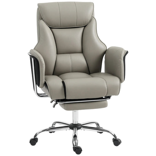 Reclining Office Chair, High Back Executive Desk Chair, PU Leather, Footrest, Swivel Wheels, Grey