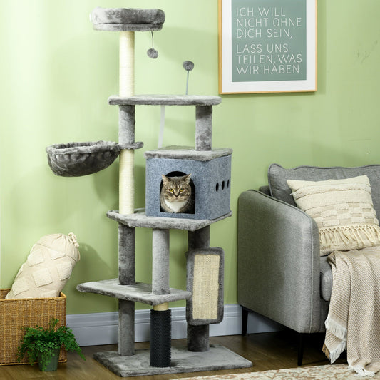 59" Cat Tree with Scratching Posts, Self Groomer, Scratching Pad, Large Cat Tower for Indoor Cats with Hammock, Bed, House, Toys, Grey - Gallery Canada