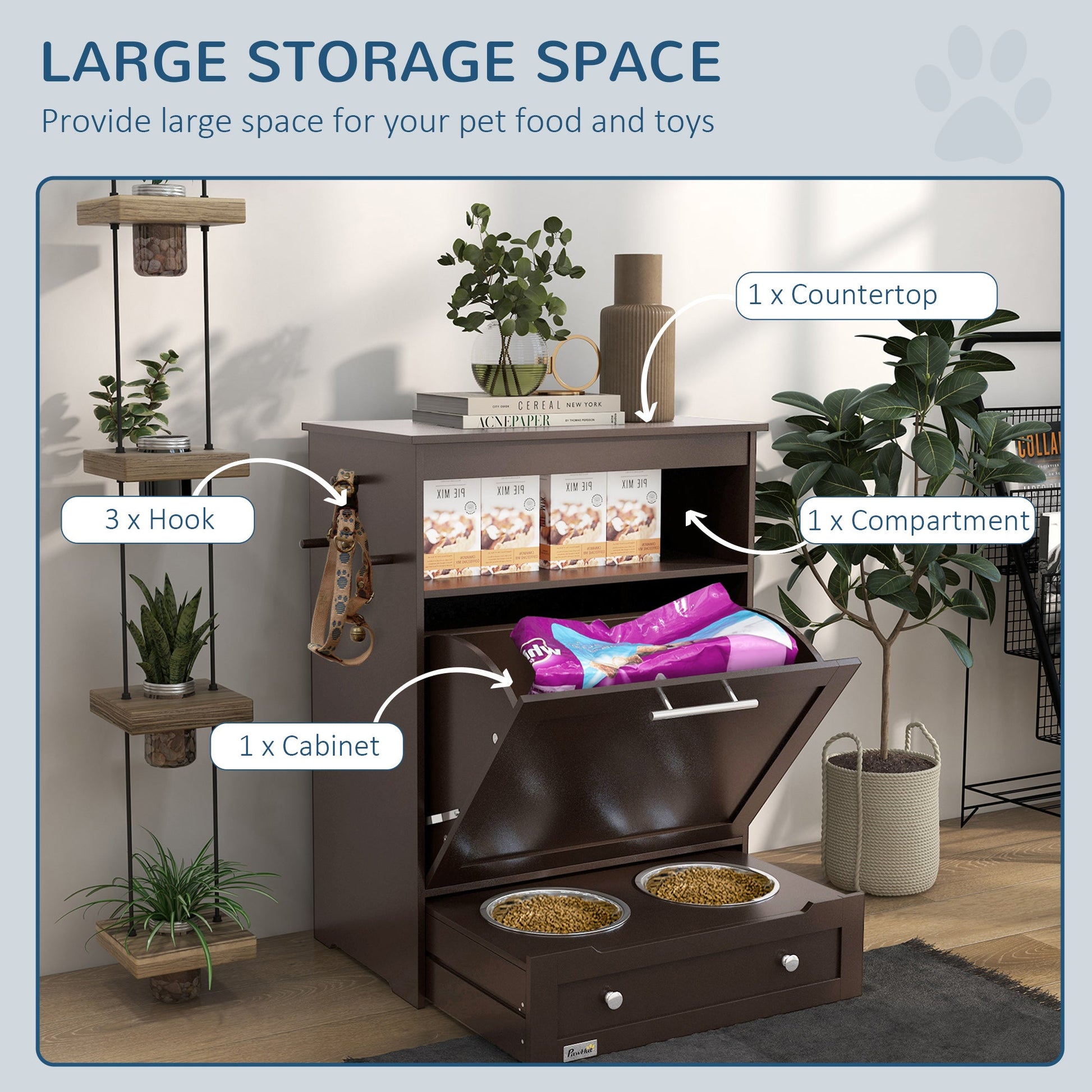 Pet Feeder Station Storage Cabinet, Dog Food Storage Container with Dog Raised Bowls, Watering Supplies, Coffee at Gallery Canada