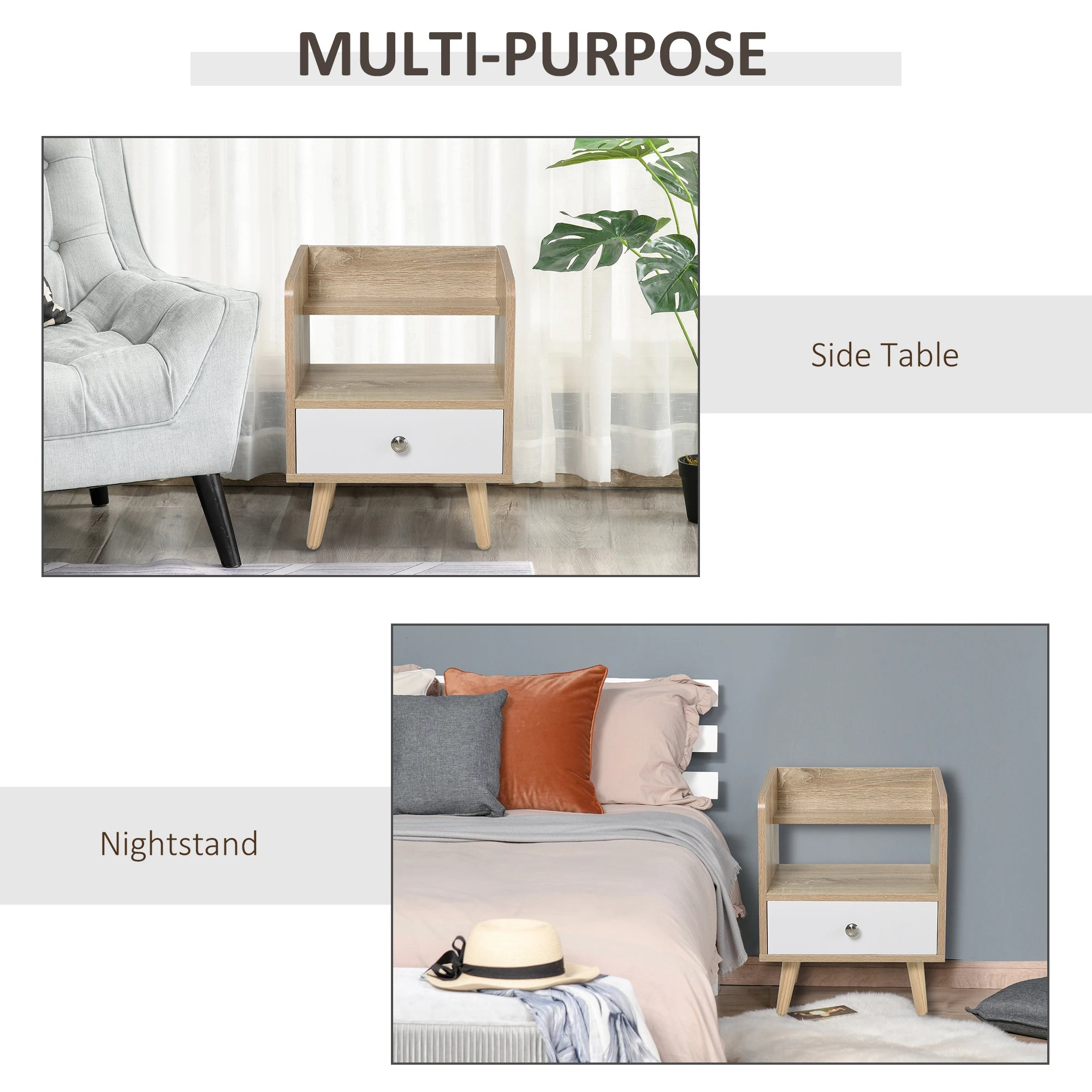 Bedside Table, 2-Tier Shelf with Drawer, Storage End Table, Natural Bedside Tables at Gallery Canada