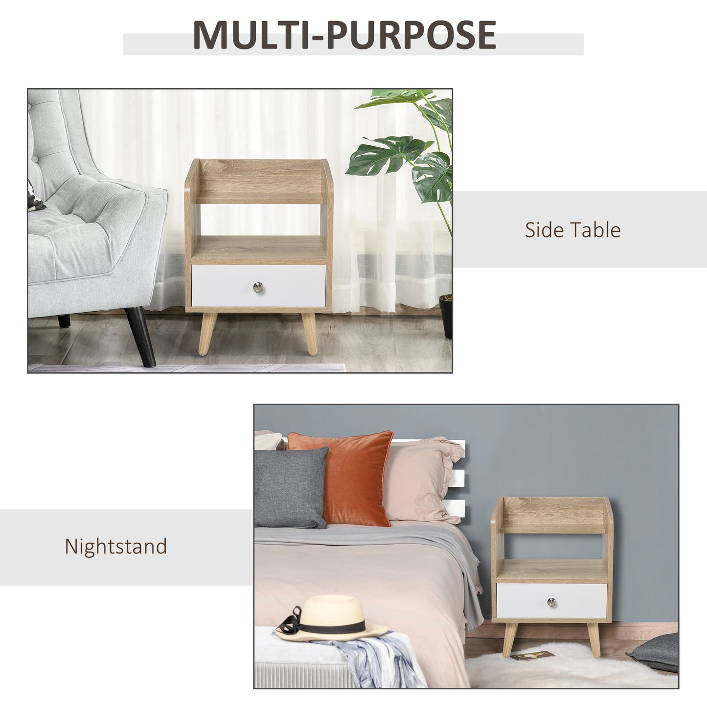 Bedside Table, 2-Tier Shelf with Drawer, Storage End Table, Natural Bedside Tables at Gallery Canada