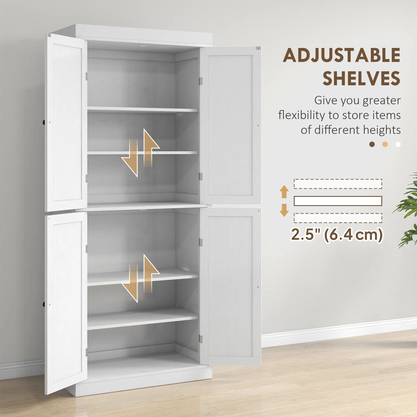 72.5" Freestanding Kitchen Pantry Cabinet, 4 Doors, White Kitchen Pantry Cabinets at Gallery Canada