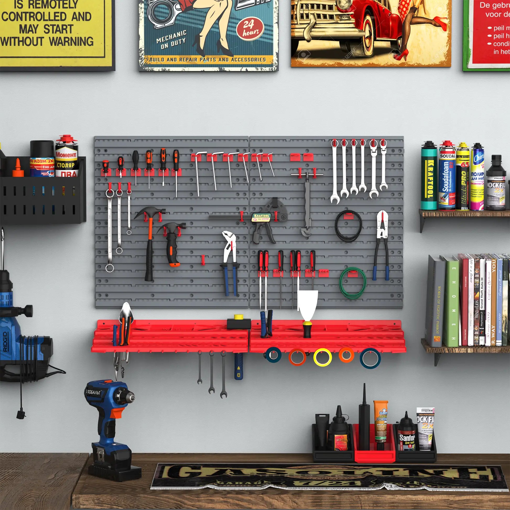 54 Piece Plastic Pegboard Panels, Wall Mounted Garage Storage, 50 Hooks, Red Tool Organizers at Gallery Canada