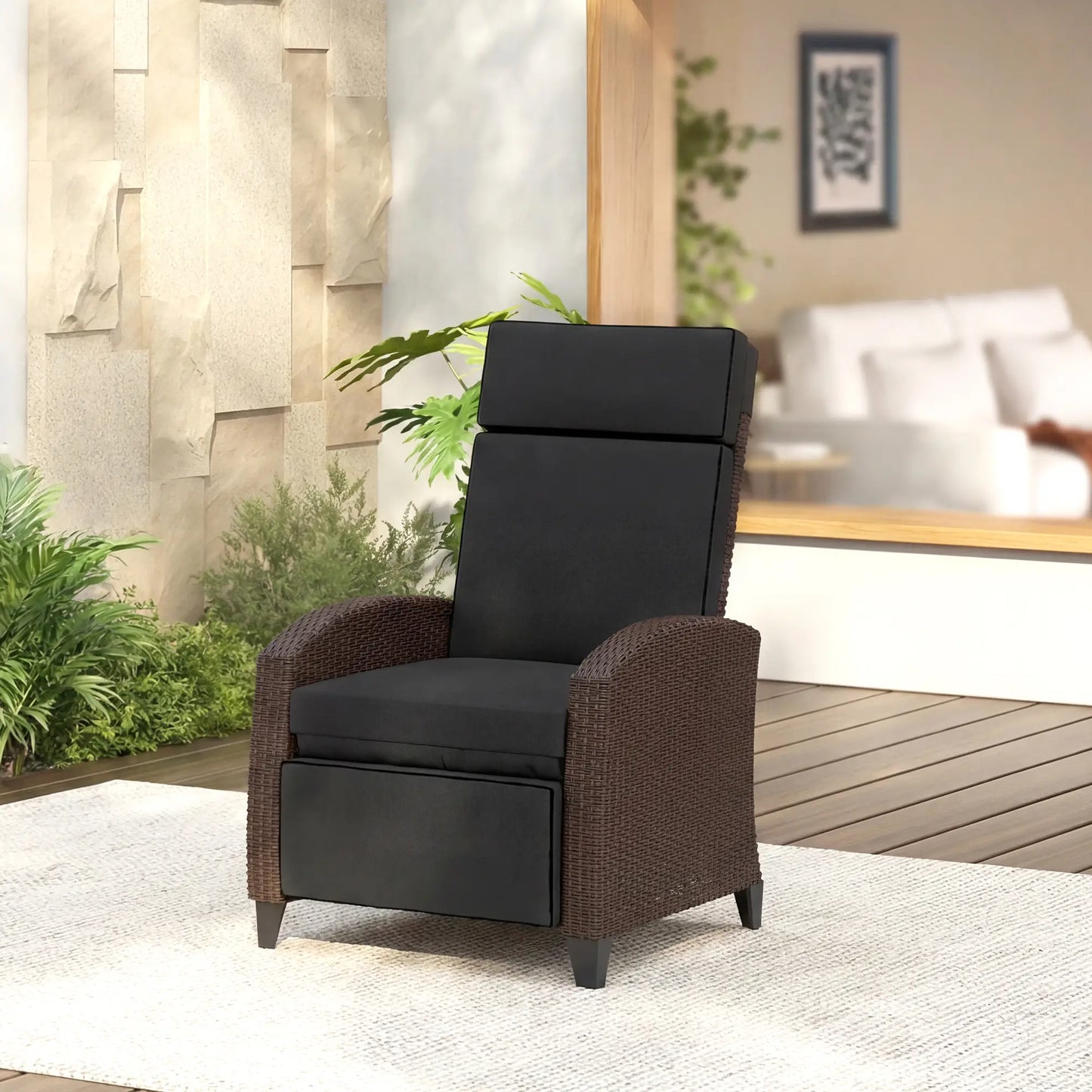 Outdoor Recliner Chair, Adjustable Backrest, Cushion, Side Tray, Black Wicker Chaise Loungers at Gallery Canada