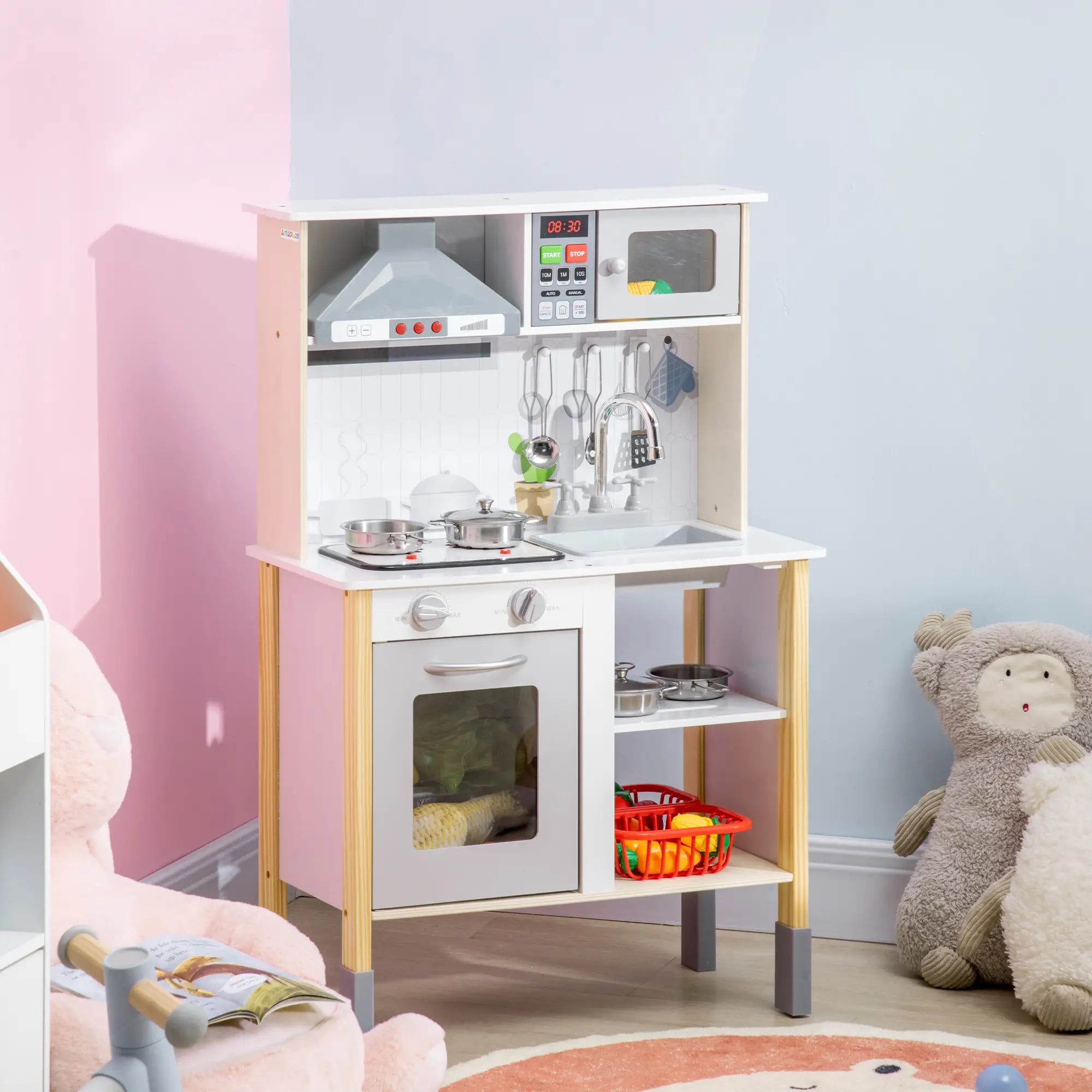 Wooden Play Kitchen, Realistic Lights Sounds, Microwave, Range Hood, White Play Kitchen at Gallery Canada