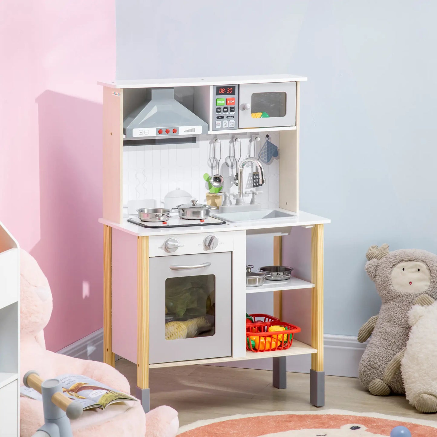 Wooden Play Kitchen, Realistic Lights Sounds, Microwave, Range Hood, White Play Kitchen at Gallery Canada