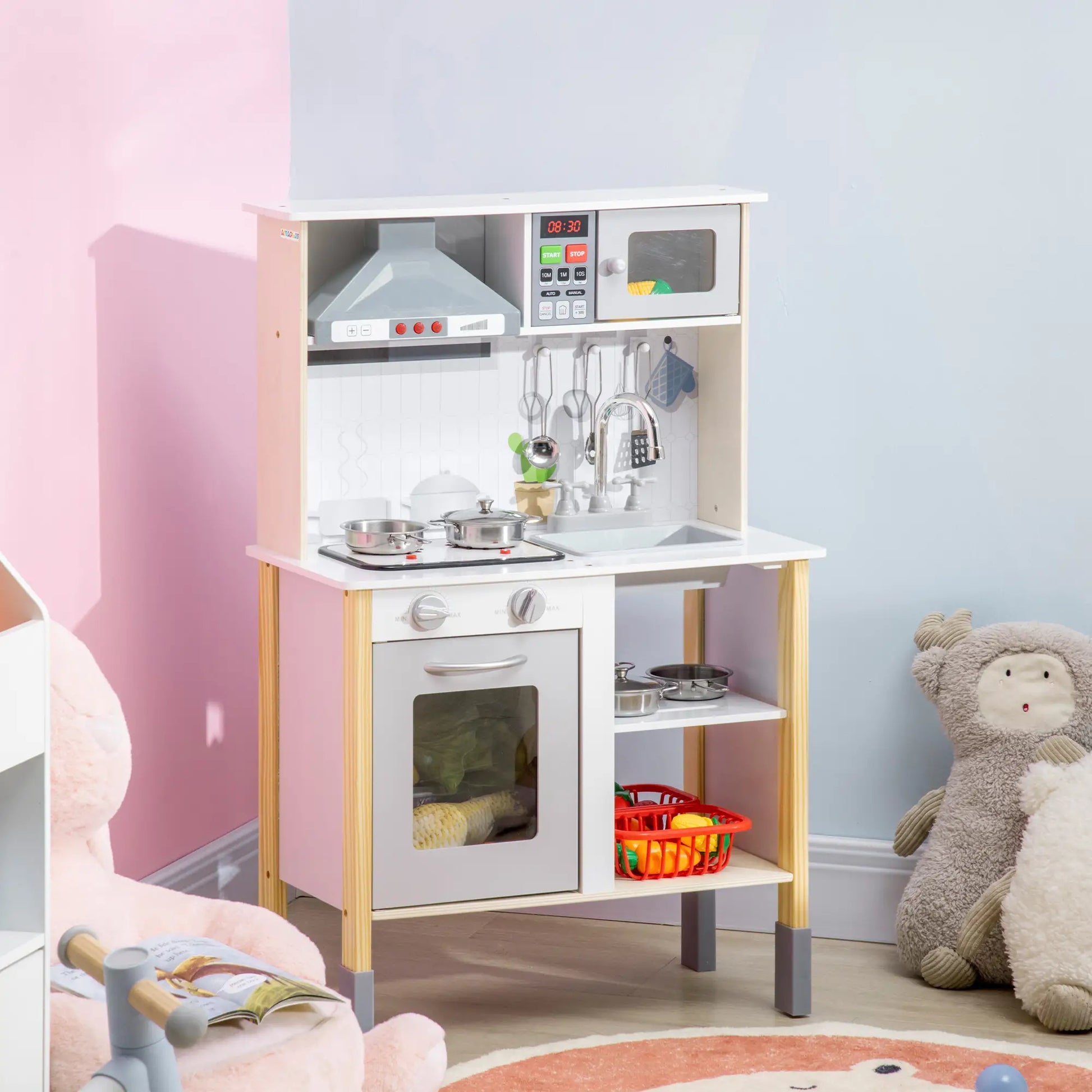 Wooden Play Kitchen, Realistic Lights Sounds, Microwave, Range Hood, White Play Kitchen at Gallery Canada