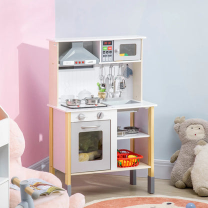 Wooden Play Kitchen, Realistic Lights Sounds, Microwave, Range Hood, White Play Kitchen at Gallery Canada