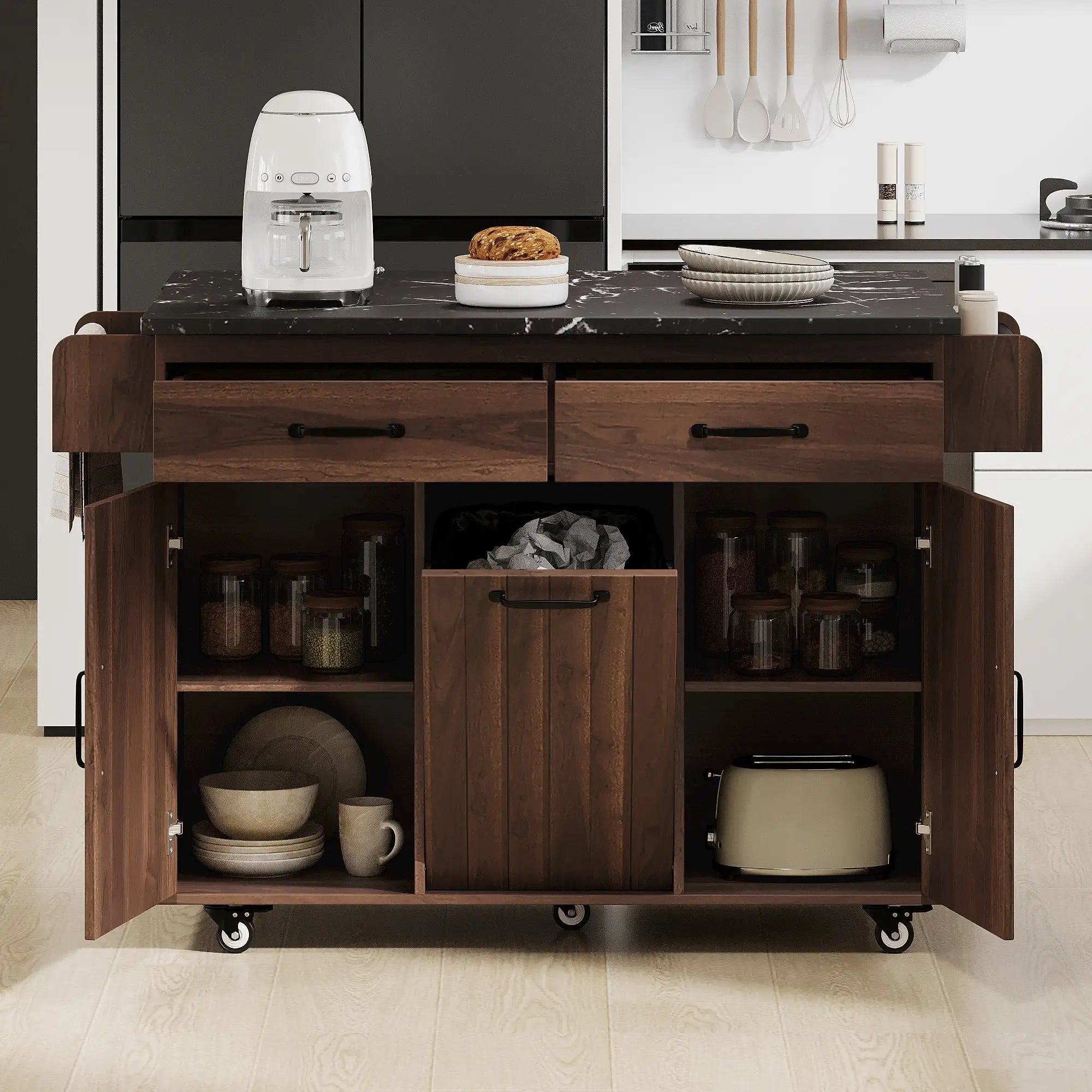 Adjustable Shelf Island, Trash Cabinet, Spice Rack, 51