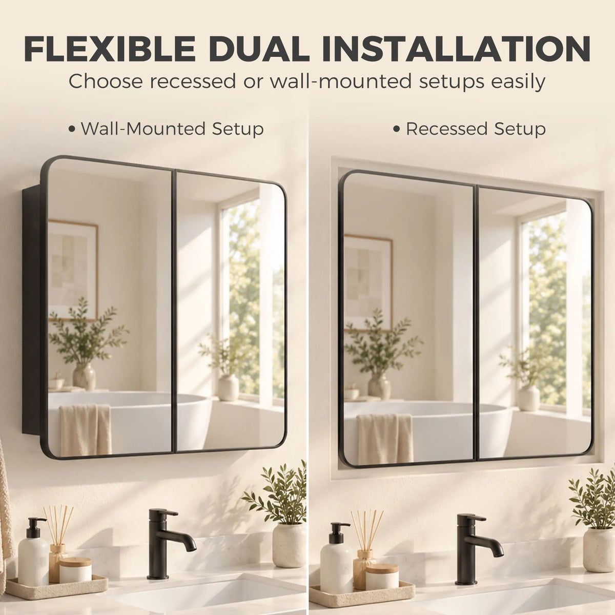 30 x 24 Inch Bathroom Medicine Cabinet, Mirror, Shelves, Black